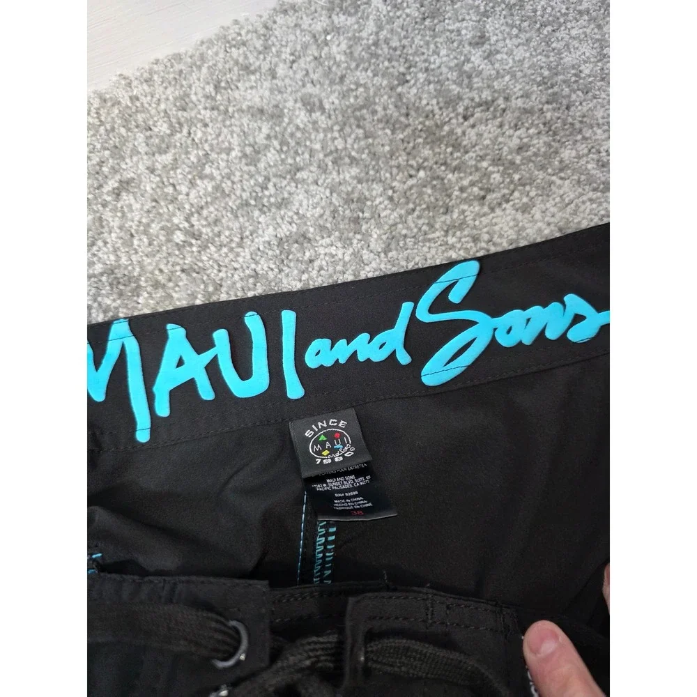 Maui and Sons Mens Board Shorts Black Turquoise Color Block Swim Trunks Size 38